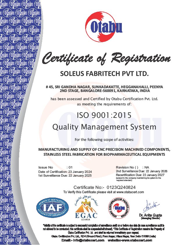 ISO 9001:2015 Certificate - Soleus Fabritech